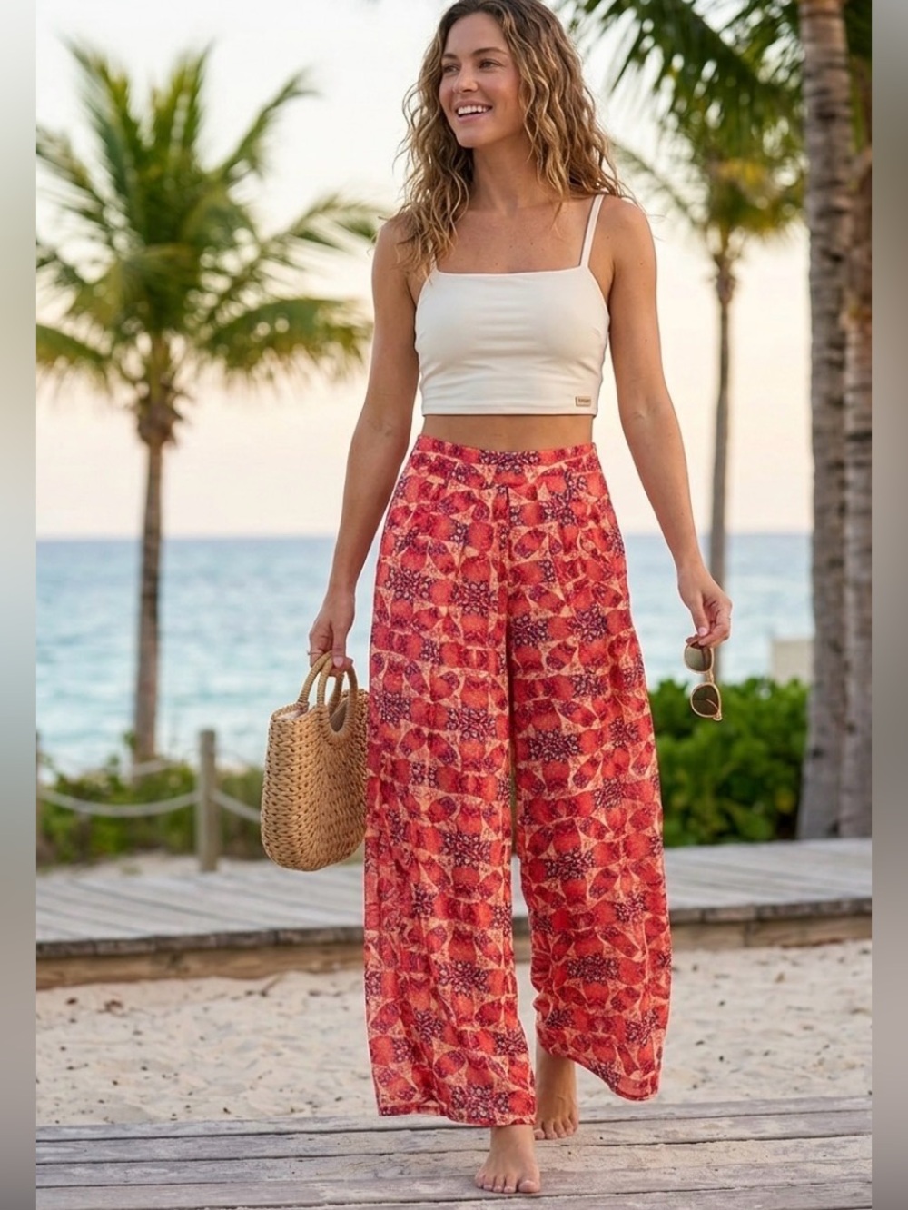 NWT Maaji Red and Pink Swim Coverup Pants Size Small Wide Long Leg